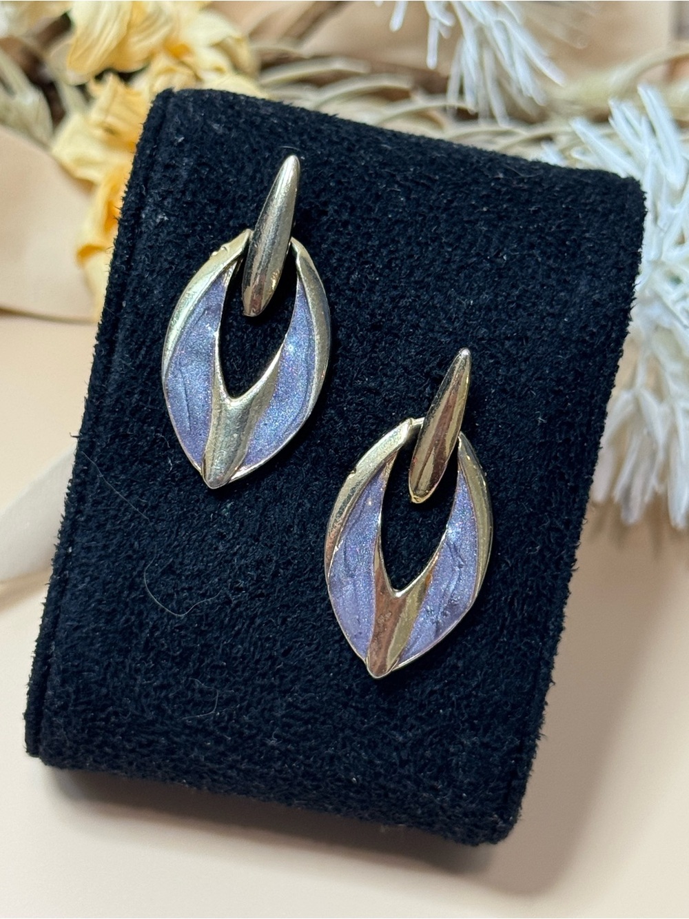 Vintage Purple Enamel Gold Tone Geometric Drop Earrings Retro Statement
